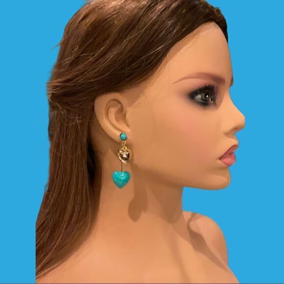 Beautiful Turquoise Gold Heart Earrings - Picture 1 of 4